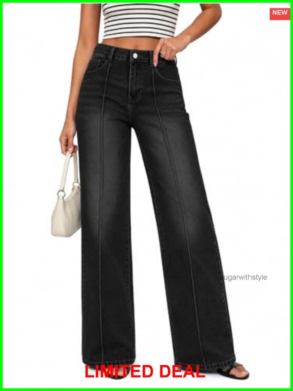 High Waisted Straight Leg Jeans Womens Wide Leg Denim Pants Front Seam